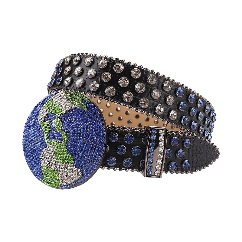 belt buckle scratch proof-Globe Buckle Black Strap With Silver & Blue Studded Rhinestone Belt