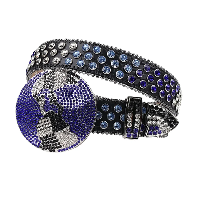 belt buckle fast shipping-Black Strap Globe Buckle With Purple & Blue Crystal Studded Rhinestone Belt