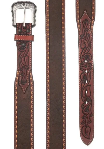 Mens Belts heavy-duty-ARIAT Men's Brown Tooled Floral Textured Western Belt