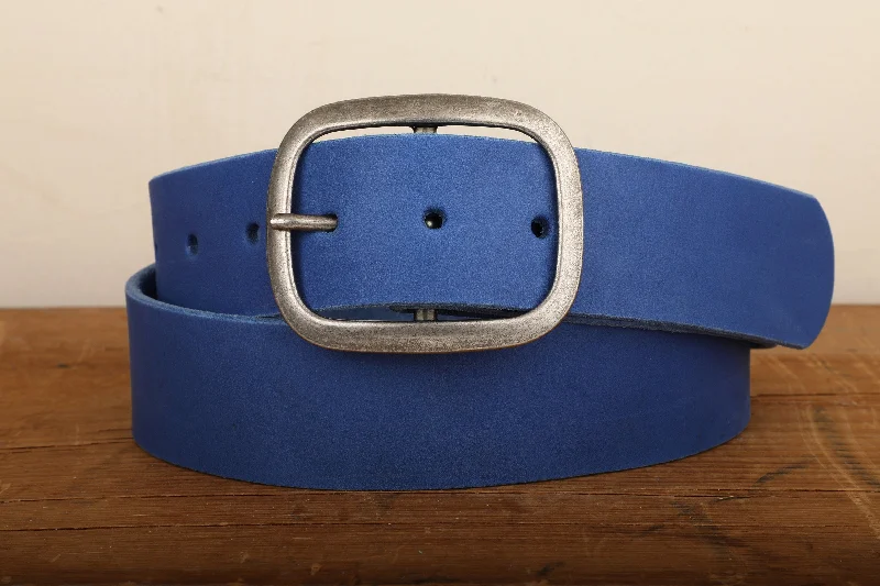 Wide Belt Local-Electric Blue Wide Leather Snap Belt with Silver Tone Antique Nickel Belt Buckle