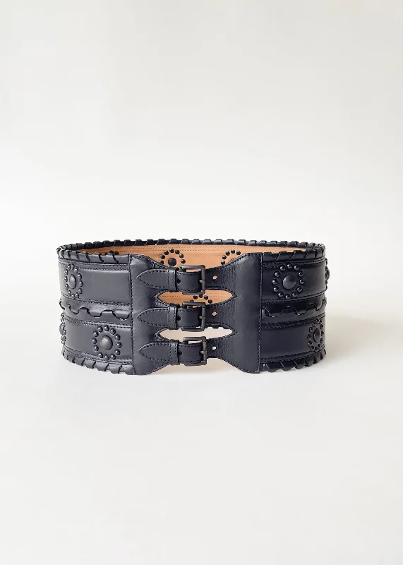 Wide Belt Ninja-Vintage Alaia Wide Studded Triple Buckle Belt