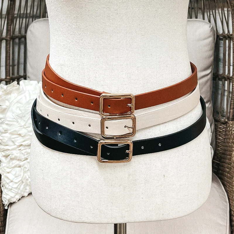 Fashion belt for loose tops-Set of Three | Skinny Fashion Belts in Black, Cognac, and Ivory