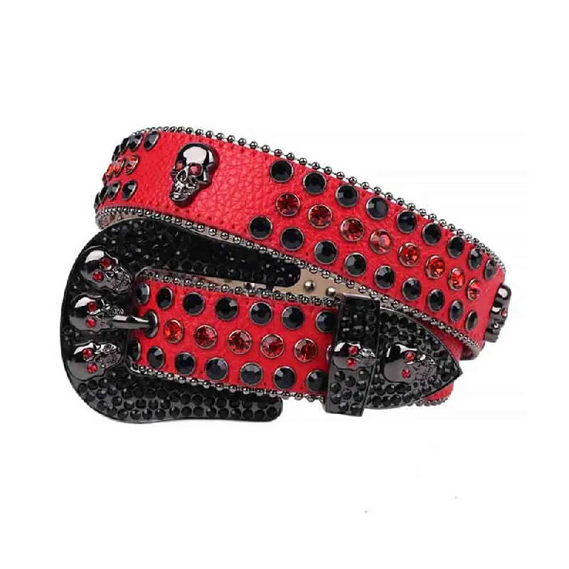 belt buckle barn accessory-Red Strap With 7 Skulls Red & Black Studded Rhinestone Belt