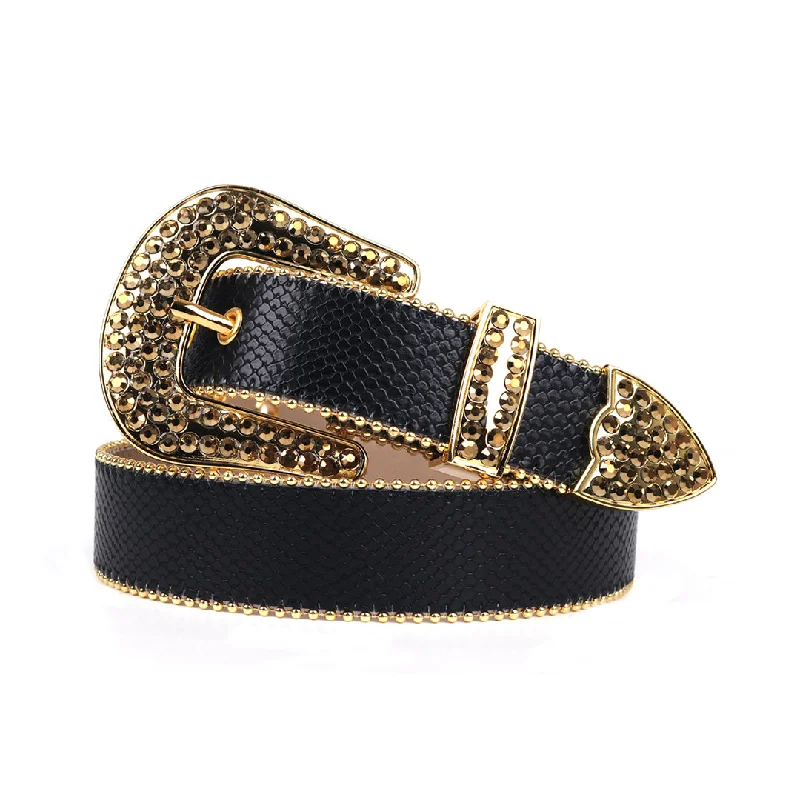 belt buckle online shop-Black Strap With Gold Studded Rhinestone Belt