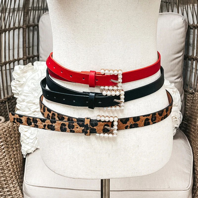 Fashion belt for midi dresses-Set of Three | Pearl Embellished Buckle Fashion Belts in Leopard Print Hide, Red, and Black